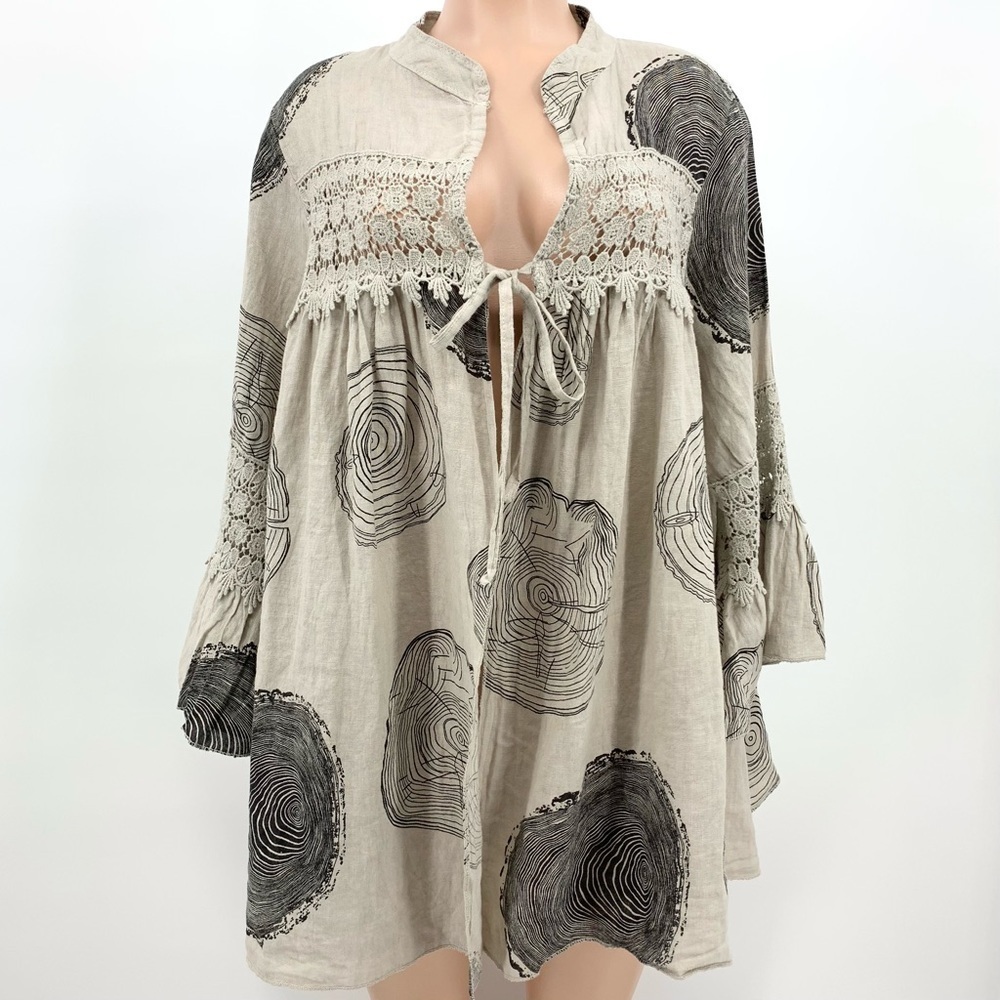 Belle France 100% Linen Open Front Artsy Print Tunic Top Size Small